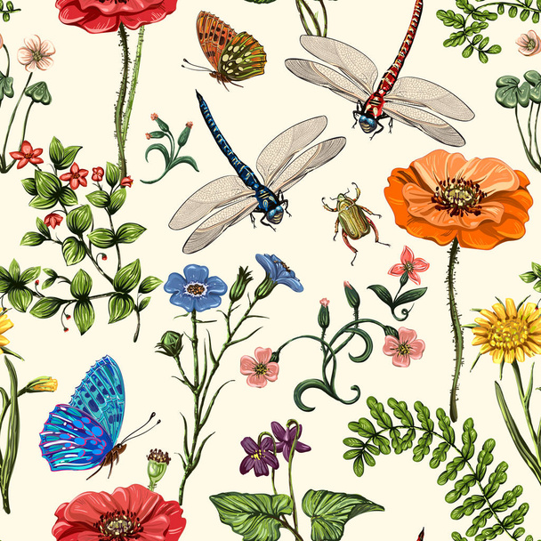Nyári vektor varrat nélküli mintát. Botanikai háttérkép. Növények, rovarok, virágok, vintage stílusban. Lepkék, szitakötők, bogarak és növények, a stílus a Provence, a világos háttér - Vektor, kép
