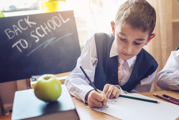 zurück zur Schule. Nettes Kind, das am Schreibtisch im Klassenzimmer sitzt. Junge zeichnet mit Bleistift auf die Lektion. - Foto, Bild