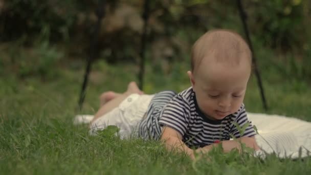 Küçük bir çocuk üzerinde çim sırıtıyor yatıyor ve yakın çekim çalış - Video, Çekim