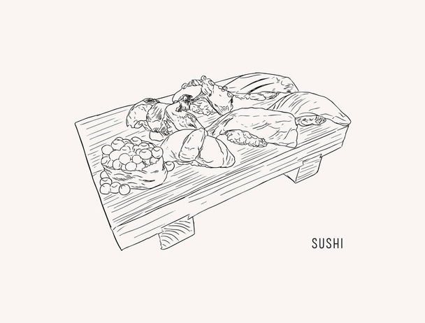 set of sushi , japanese food . hand drawn water color sketch vec - Vector, Image