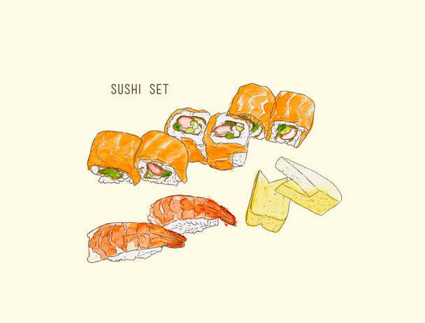 set of sushi , japanese food . hand drawn water color sketch vec - Vector, Image