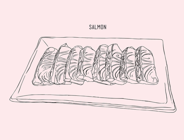 Salmon sliced  on a plate , sketch vector. - ベクター画像