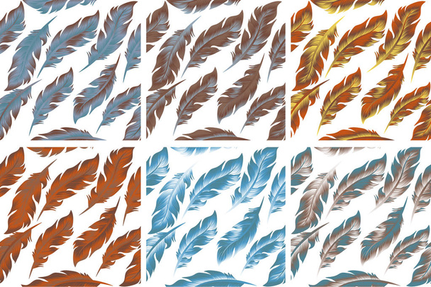 Feathers Bird seamless pattern set. Retro, doodle style. Feather endless background, texture, backdrop. Vector illustration. - Vector, Image