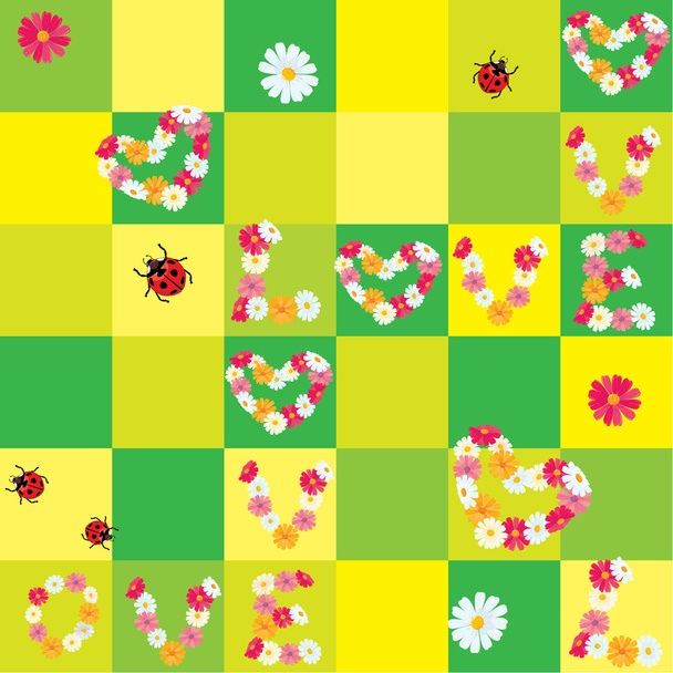 Seamless pattern with Daisies Hearts and words LOVE for Valenti - ベクター画像