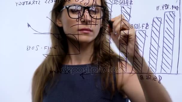 Γυναίκα αντλεί διάφορα διαγράμματα ανάπτυξης, υπολογίζοντας τις προοπτικές για την επιτυχία σε μια υπηρεσία Σύγχρονη γυαλί - Πλάνα, βίντεο