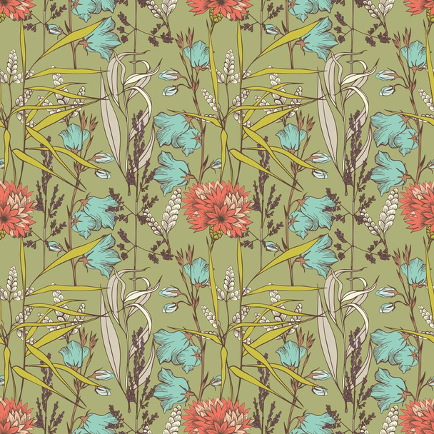 Wildflowers on a green background. Hand drawing. Vector seamless pattern - Вектор,изображение