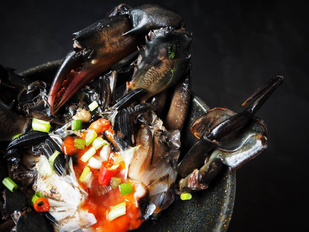delicious korean dish with soy sauce and marinated crab  - Photo, image
