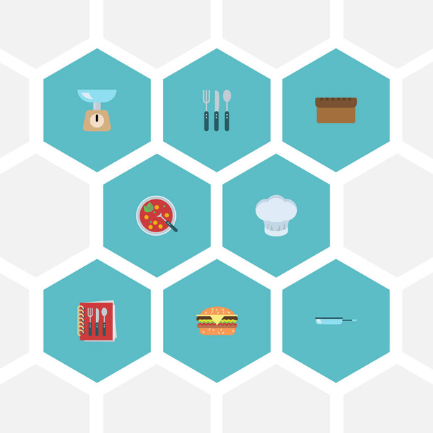 Iconos planos cubiertos, sartén, sombrero de chef y otros elementos vectoriales. Conjunto de símbolos de iconos planos de alimentos también incluye cuchara, cuchillo, objetos del tazón
. - Vector, Imagen