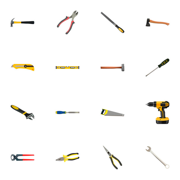 Realistic Spanner, Tongs, Forceps And Other Vector Elements. Set Of Instruments Realistic Symbols Also Includes Sawmill, Ruler, Chisel Objects. - Vector, Image
