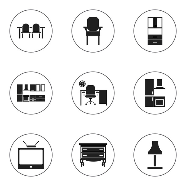 Conjunto de 9 ícones de mobiliário editável. Inclui símbolos como mesa de restaurante, banqueta, guarda-roupa e muito mais. Pode ser usado para Web, Mobile, UI e design infográfico
. - Vetor, Imagem