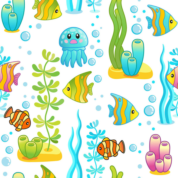 Векторный безмордный узор с подводным дизайном и забавными морскими созданиями. Дизайн поверхности аквариумной вечеринки с яркими тропическими рыбами на белом фоне
. - Вектор,изображение