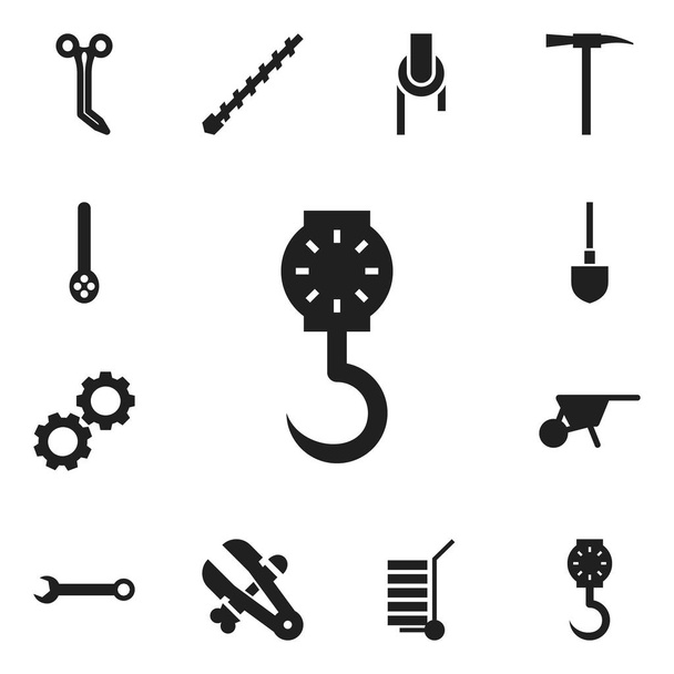 Set Of 12 Editable Equipment Icons. Includes Symbols Such As Handcart, Spanner, Bore. Can Be Used For Web, Mobile, UI And Infographic Design. - Вектор,изображение