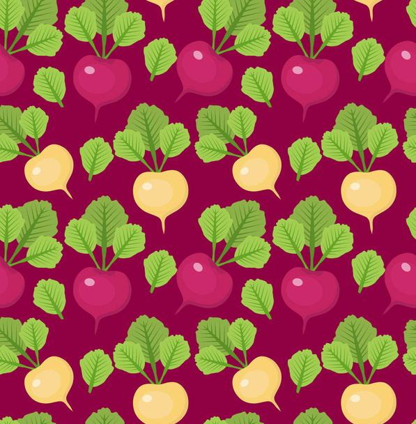 Radish seamless pattern. Red and white radishes endless background, texture. Vegetable background. Vector illustration. - Vector, Image