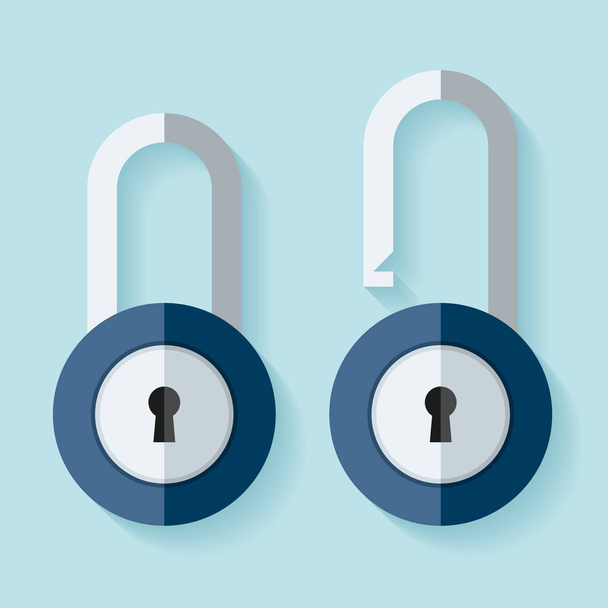 The padlock icon in flat style on color background. Open and closed lock. Element for you project. Vector design object - Vektori, kuva