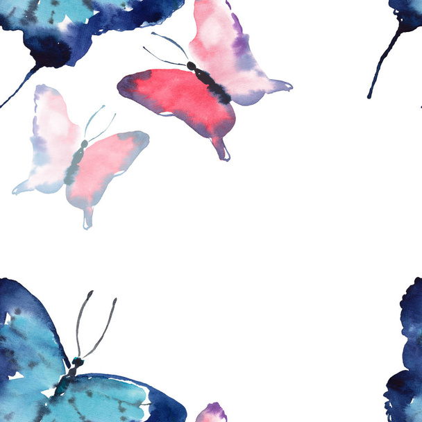 Beautiful cute sophisticated magnificent wonderful tender gentle spring colorful butterflies pattern watercolor hand illustration - Fotoğraf, Görsel