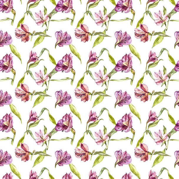 Watercolor illustrations of lily flowers. Seamless pattern. - Fotoğraf, Görsel