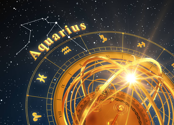 Signo do zodíaco Aquário e esfera armilar em fundo azul
 - Foto, Imagem