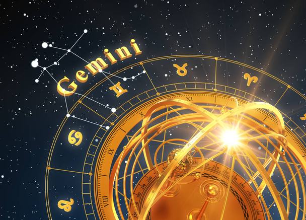 Zodiac merkki Gemini ja Armillary pallo sinisellä taustalla
 - Valokuva, kuva