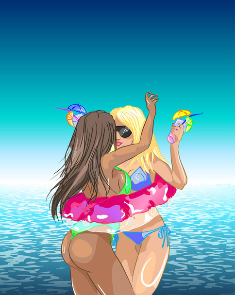 Kaksi kaunista seksikästä tyttöä tanssimassa rannalla. Voidaan käyttää julisteena, juhlakutsuna / lehtisenä
 - Vektori, kuva