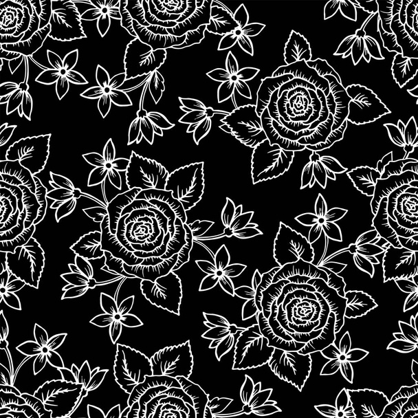 güzel siyah ve beyaz Dikişsiz desen gül küçük lily çiçekler ile. Kontur hatları çizilmiş ve vuruş. Gravür tarzı tek renkli çiçekler ve yapraklar kroki. Karmaşık romantik arka plan - Vektör, Görsel