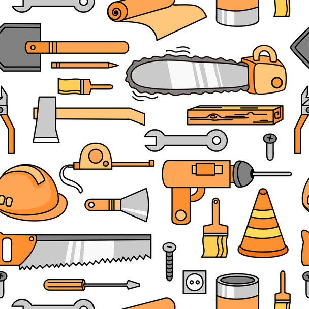 Vector background with different construction materials. Seamless pattern with ax, helmet, screwdriver, hammer, ruler and others. - Vector, Image