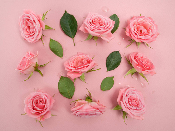 Background image of pink roses. Flat lay, top view - Fotoğraf, Görsel