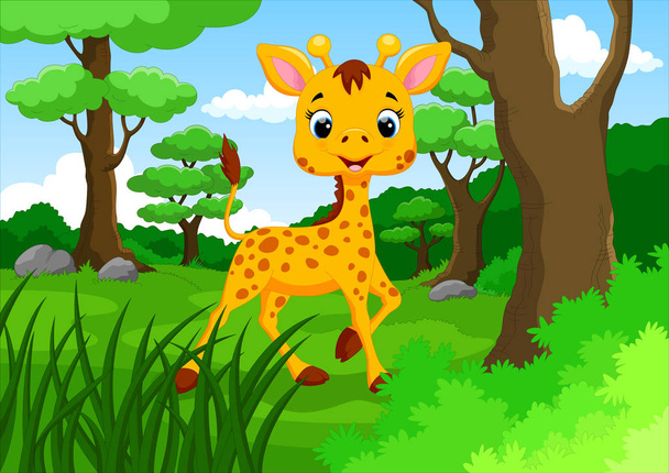 Linda jirafa en la selva de dibujos animados
  - Vector, Imagen