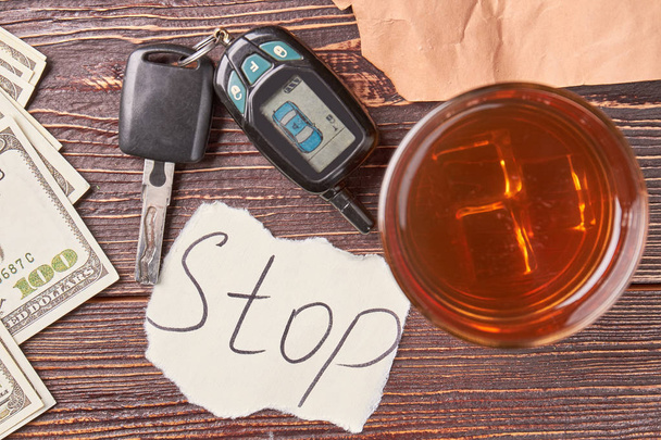 Alcohol, car key, top view. - Photo, Image