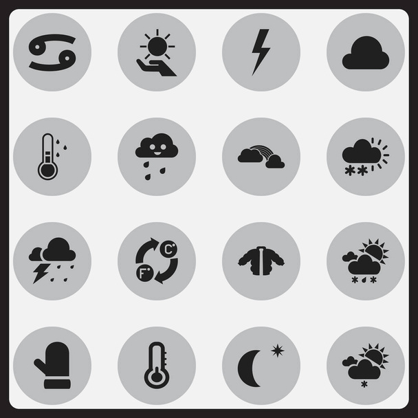 Набор из 16 редактируемых климатических икон. Включает такие символы, как Торнадо, Погода после дождя, Масштаб и многое другое. Can be used for Web, Mobile, UI and Infographic Design
. - Вектор,изображение