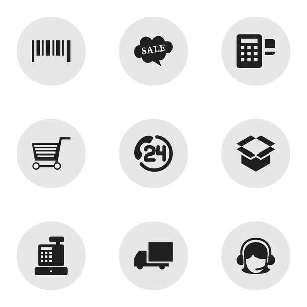 Készlet 9 szerkeszthető üzleti ikonok. Magában foglalja a szimbólumok például hívás, csomag, Pushcart és több. Lehet használni a Web, mobil, Ui és Infographic Design. - Vektor, kép
