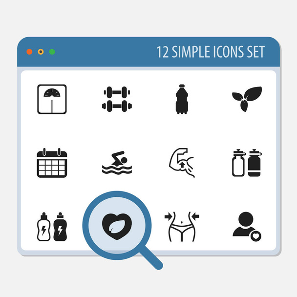 Zestaw 12 ikon można edytować Fitness. Zawiera symbole, takie jak Sport woda, profil, Fitness Drink i więcej. Mogą być używane dla sieci Web, mobilnych, interfejsu użytkownika i Infographic Design. - Wektor, obraz