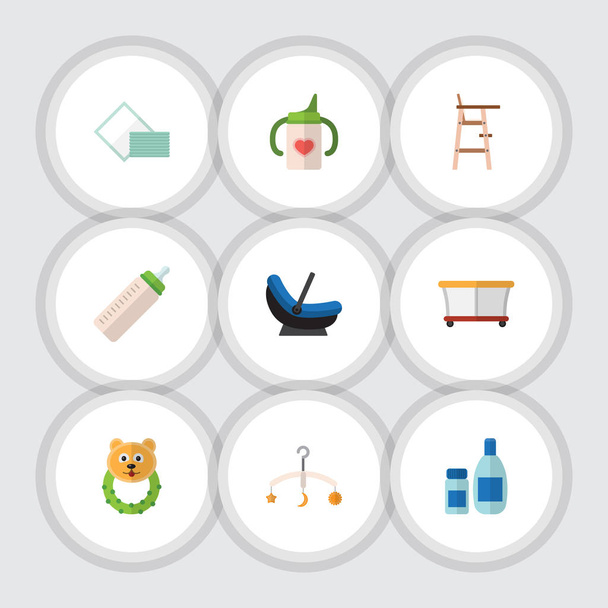 Set de bebé de icono plano de alimentador, silla infantil, móvil y otros objetos vectoriales. También incluye sonajero, bolsa de frijoles, elementos del taburete
. - Vector, Imagen