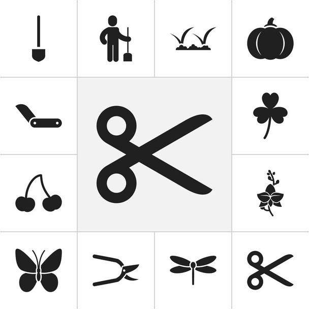 Satz von 12 editierbaren Pflanzsymbolen. enthält Symbole wie Beere, Monarch, Spaten und mehr. kann für Web-, Mobil-, UI- und Infografik-Design verwendet werden. - Vektor, Bild