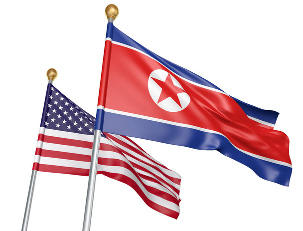 Severní Korea a Spojené státy vlajky vlají společně pro důležité diplomatické jednání, vykreslování 3d objektů - Fotografie, Obrázek