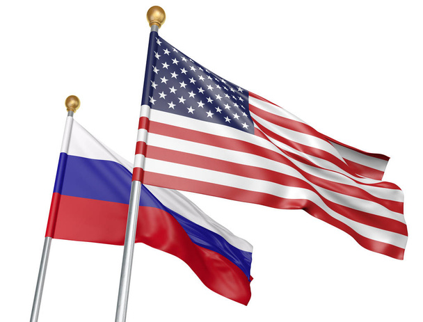 Stany Zjednoczone i Rosja flagi latający razem na ważne rozmowy dyplomatyczne, renderowania 3d - Zdjęcie, obraz