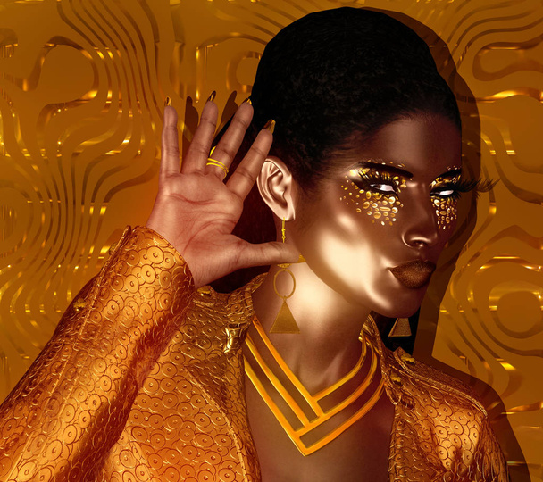Belleza de moda afroamericana. Una impresionante imagen colorida de una hermosa mujer con maquillaje a juego, accesorios y ropa contra un fondo abstracto de oro
. - Foto, imagen