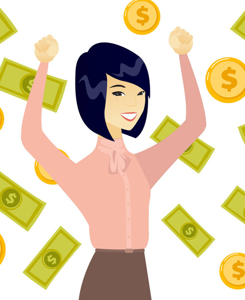 Young asian business woman under money rain. - Vector, Image