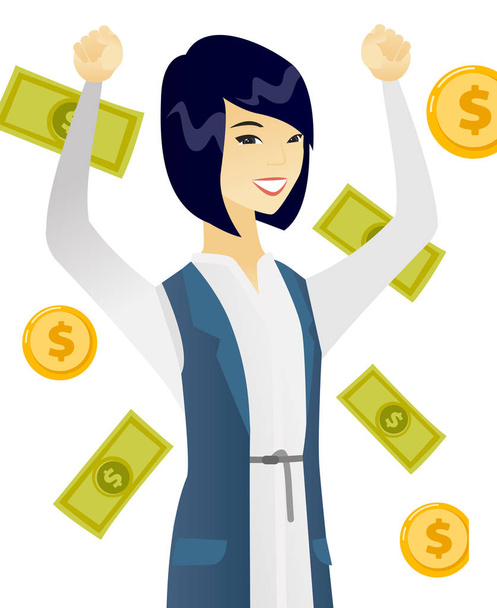 Young asian business woman under money rain. - Vector, Image