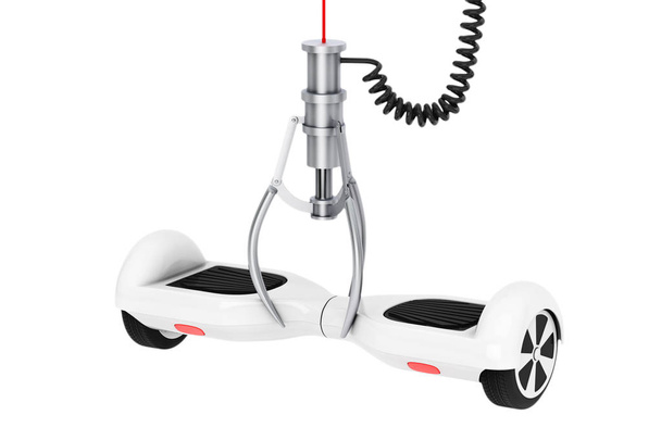 Scooter électrique auto-équilibrant blanc dans une griffe robotique chromée
.  - Photo, image