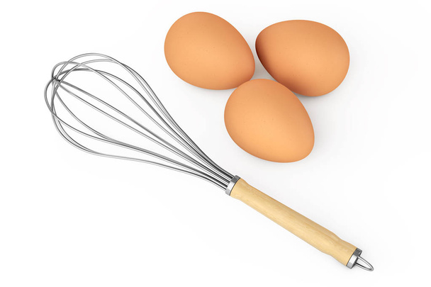 Barna tojás közelében konyha drót Habverő tojás Habverő. 3D-leképezés - Fotó, kép