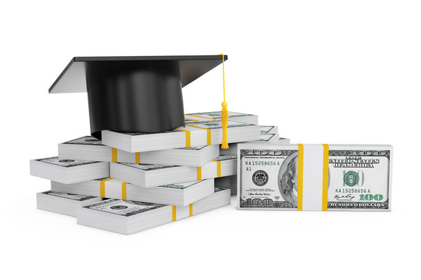 Graduation Cap en stapel van Dollars. 3D-rendering - Foto, afbeelding