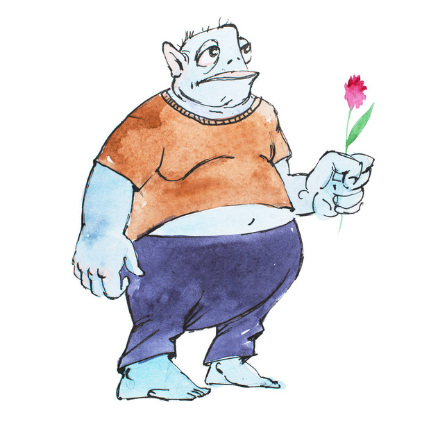Portrait complet de gros monstre de bande dessinée en petit T-shirt et pantalon tenant une fleur dans une main dessinée
 - Photo, image