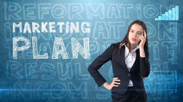 Beauty businesswoman on painted background with marketing words. Advertising, investment and business plan concept - Photo, Image