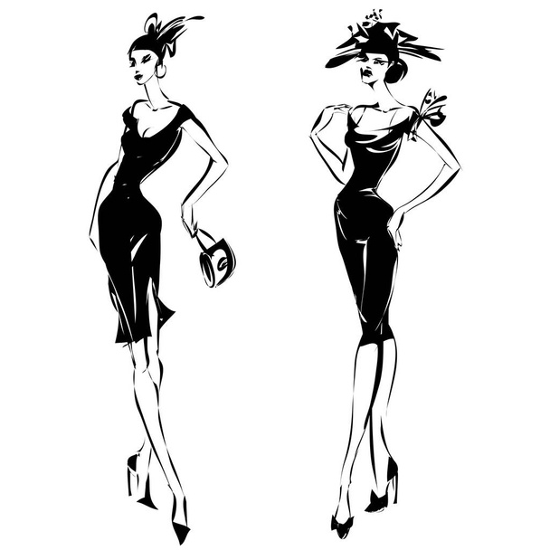 Ensemble rétro noir et blanc de modèles de mode silhouette croquis style. Illustration vectorielle dessinée main
 - Vecteur, image