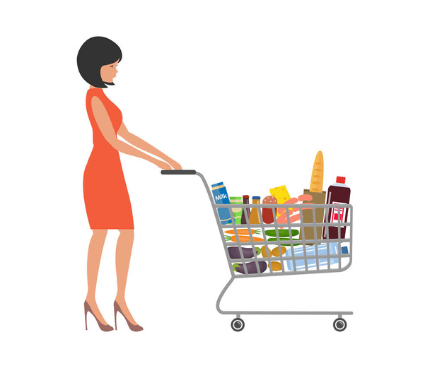 junge Frau mit Einkaufswagen voller Essen und Getränke - Vektor, Bild