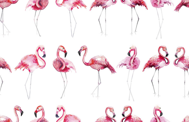 Bright lovely tender gentle sophisticated wonderful tropical hawaii animal wild summer beach pink flamingos pattern watercolor hand sketch. Perfect for greetings card, textile, wallpapers - Foto, immagini