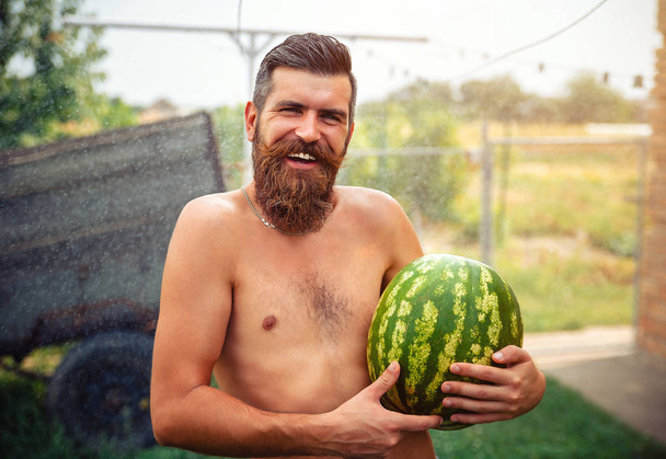 Un bel homme avec une coiffure élégante, une longue barbe noire et un tatouage tient une grosse pastèque dans ses mains
. - Photo, image
