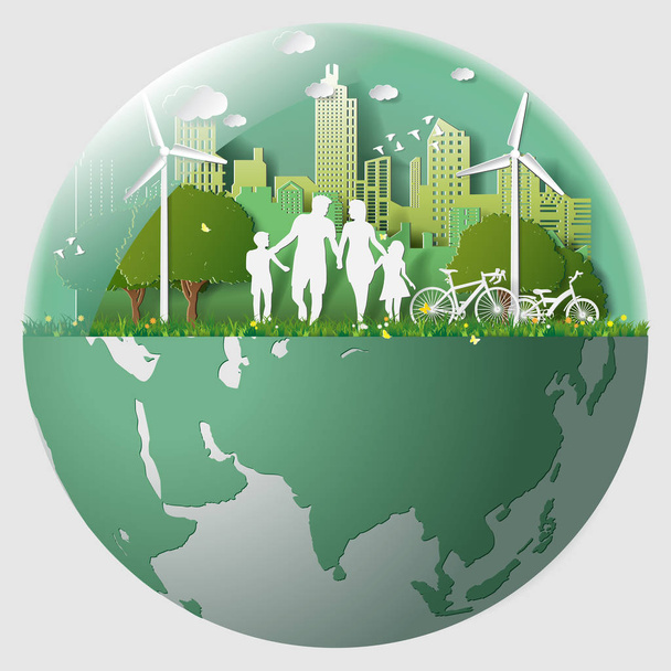Zielonej energii odnawialnej ekologii technologii oszczędzania środowiskowo przyjacielski koncepty, rodzic rodzina chłopiec dziewczyna idą w miejskich parkach marmuru - Wektor, obraz