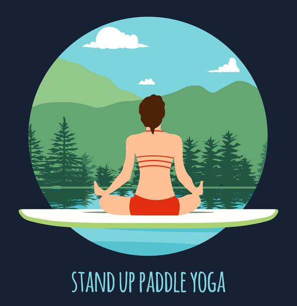 Γυναίκα κάνει Stand Up κωπηλασία γιόγκα επί του σκάφους κουπί στο νερό στο τοπίο λίμνη βουνό Stand Up Paddle προπόνηση γιόγκα - Διάνυσμα, εικόνα