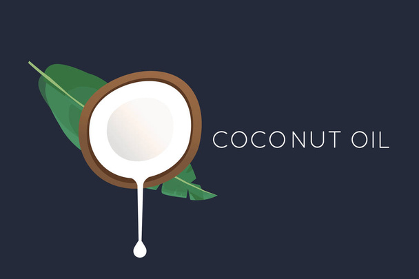 Coconut logo. Half of the coconut with flowing milk and a palm leaf. vector illustration - Вектор,изображение